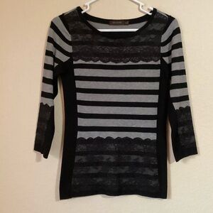 The Limited Black and Gray Striped Long Sleeve Sweater with Lace Accents